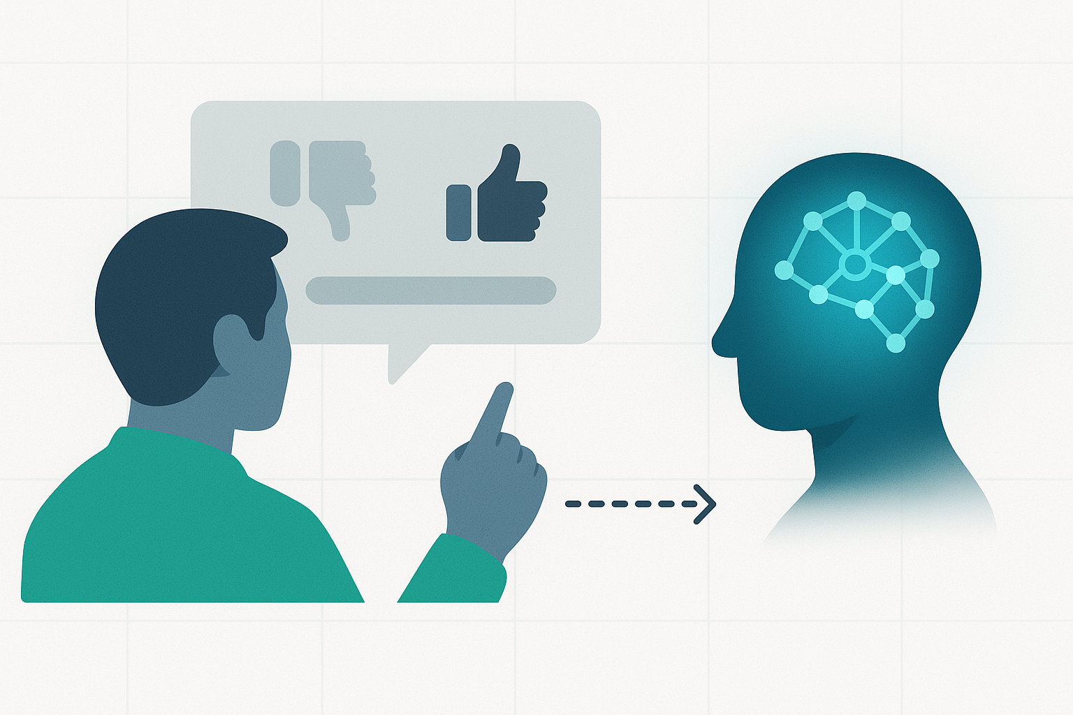 Illustration of a human CSR providing thumbs up/down feedback to an AI